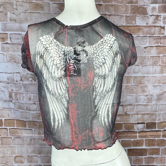 Sinful By Affliction Angel Wings Sheer Short Sleeve Crop Top - NWT - Picture 7 of 12